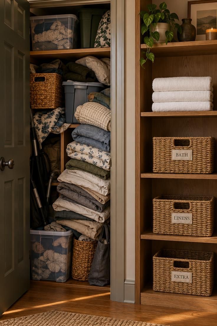 A Minimalist Apartment Checklist for Setting Up Your First Home 7 A warm-lit close-up showing a common minimalist mistake, with an overstuffed closet of mismatched bins beside an open shelf of stacked white towels and three labeled baskets.