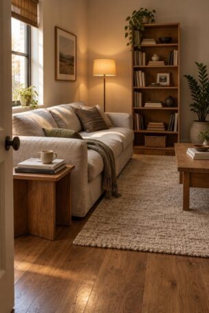 A cozy compact living room with a natural linen sofa, a wooden side table with books and a mug, a tall bookshelf, a wool rug, warm lamplight, and a potted plant, with a clear walking path.