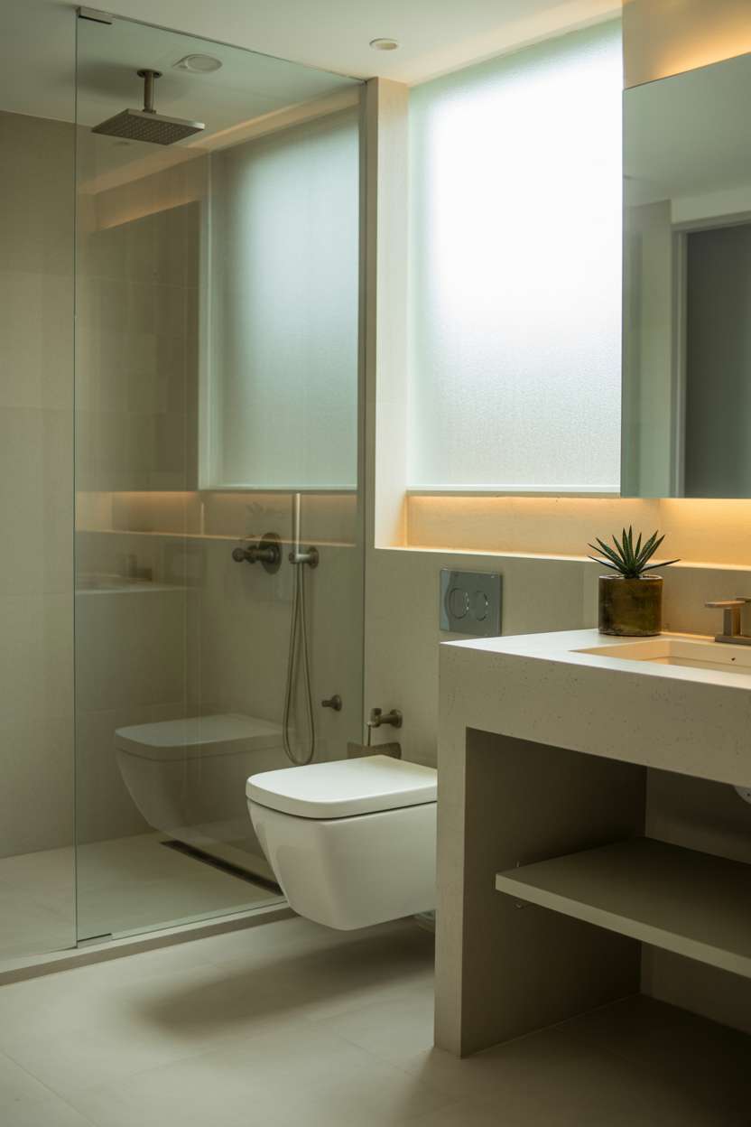 Modern minimalist bathroom with floating white toilet, glass shower enclosure, and white stone vanity with recessed lighting