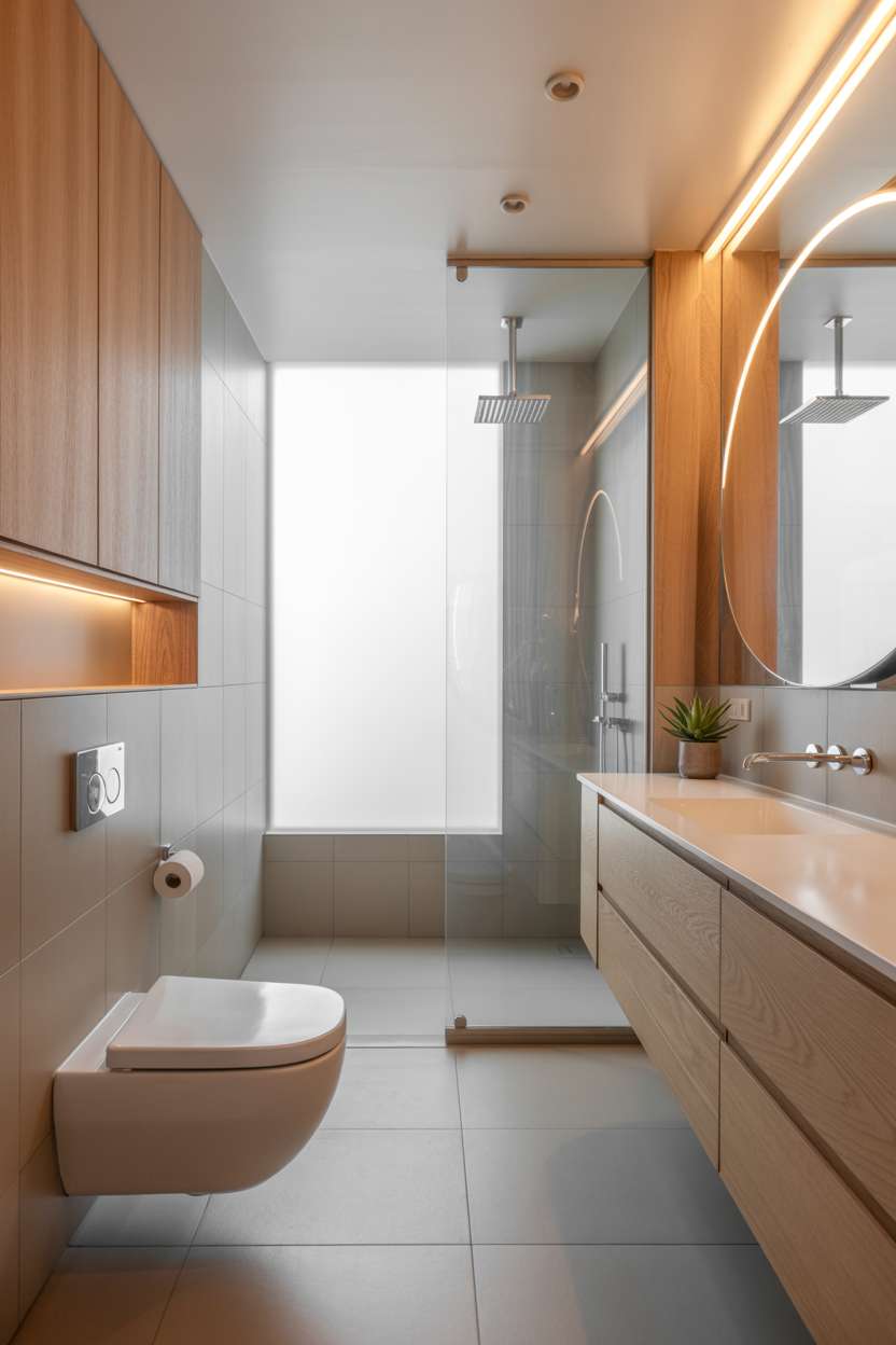 Minimalist bathroom featuring light grey tiles, warm wood paneling, floating toilet, and walk-in rainfall shower