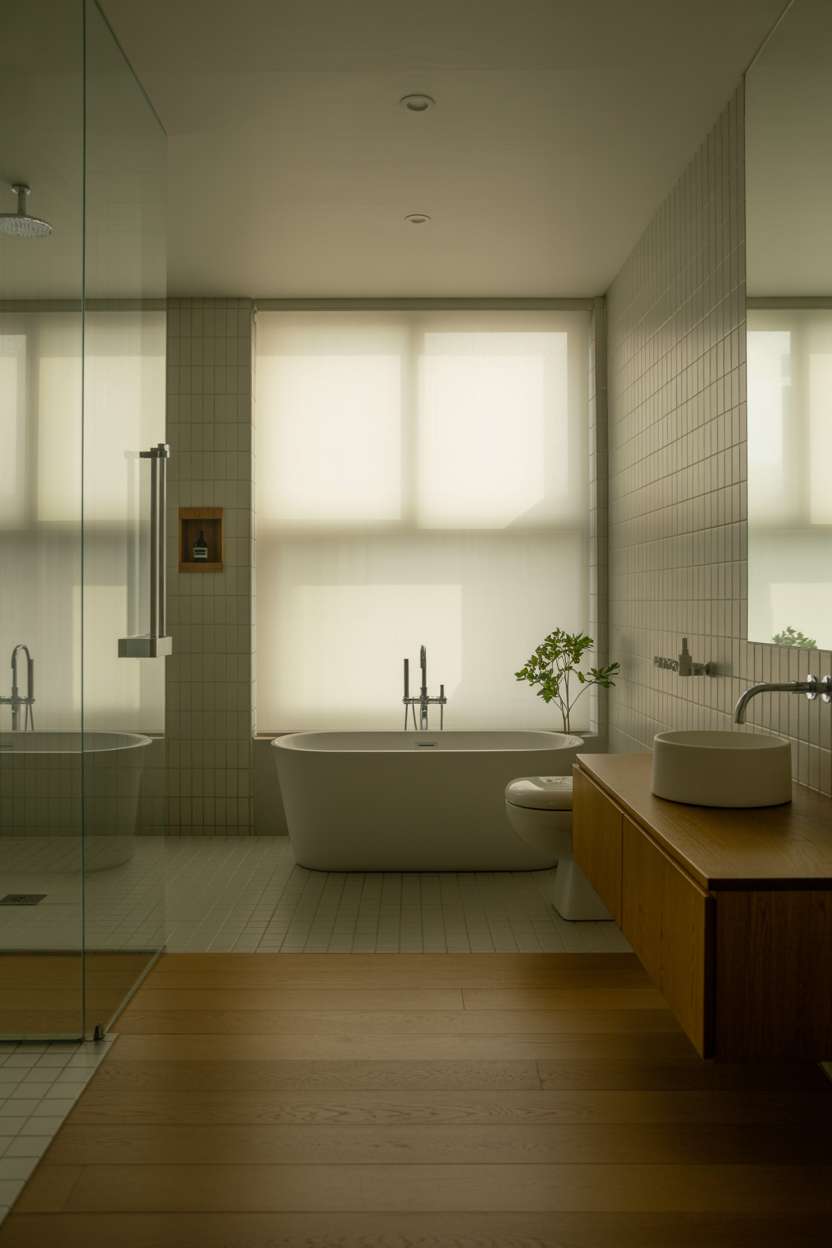 Minimalist master bathroom with centered oval freestanding bathtub, floating wooden vanity, and frameless glass shower doors