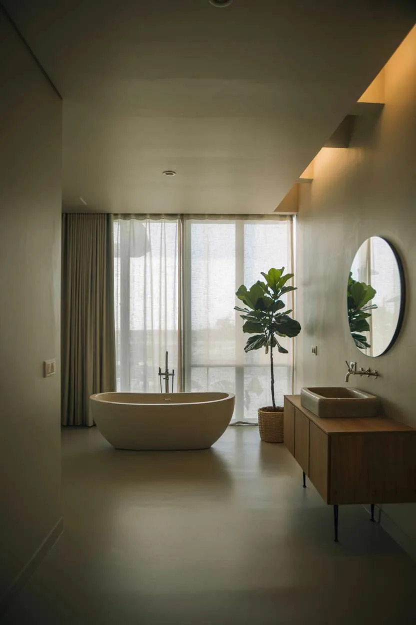 Serene master bathroom with oval bathtub positioned before large window with sheer curtains and floating wooden vanity
