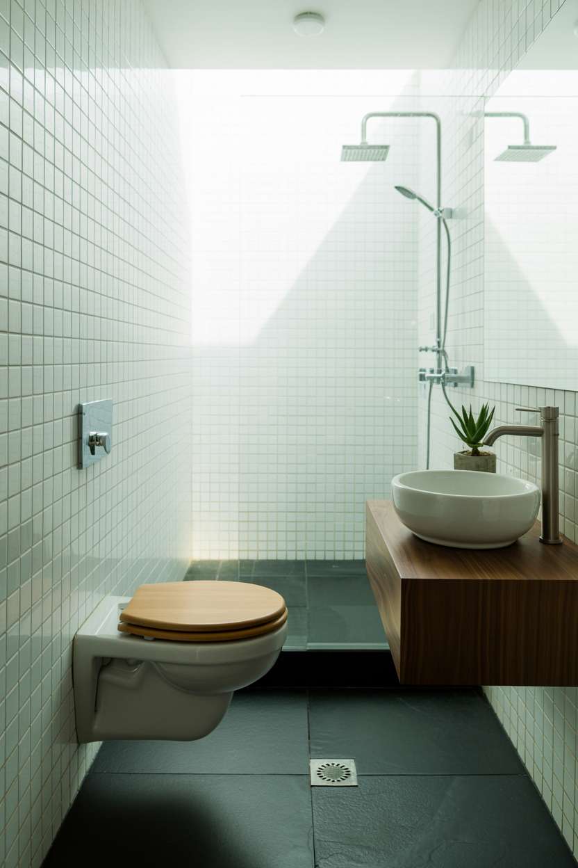Minimalist bathroom with white ceramic tiles, dark grey slate flooring, wall-mounted toilet with wooden seat, and walnut floating vanity