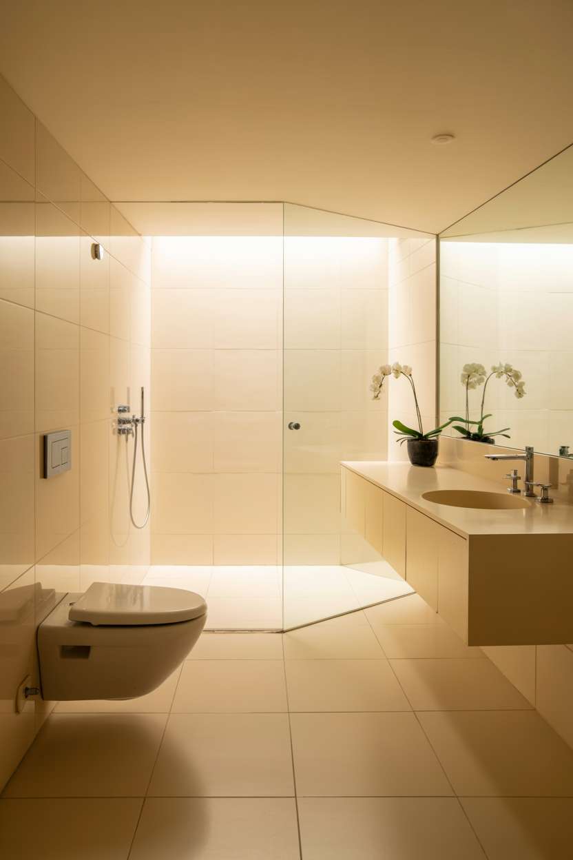 Pristine white minimalist bathroom with wall-mounted toilet, floating vanity with circular sink, and frameless glass shower