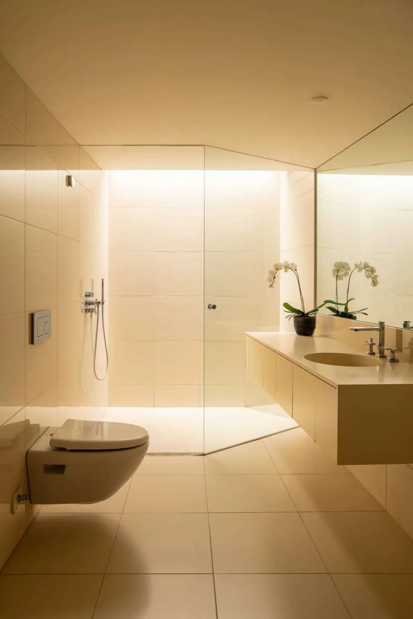 Pristine white minimalist bathroom with wall-mounted toilet, floating vanity with circular sink, and frameless glass shower
