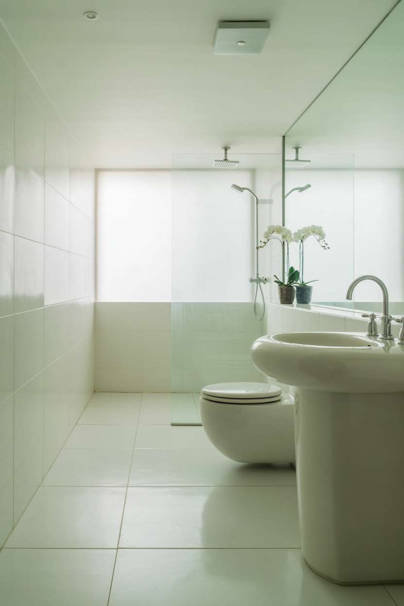 White minimalist bathroom with floating circular toilet design, rounded sink, and large-format white tiles