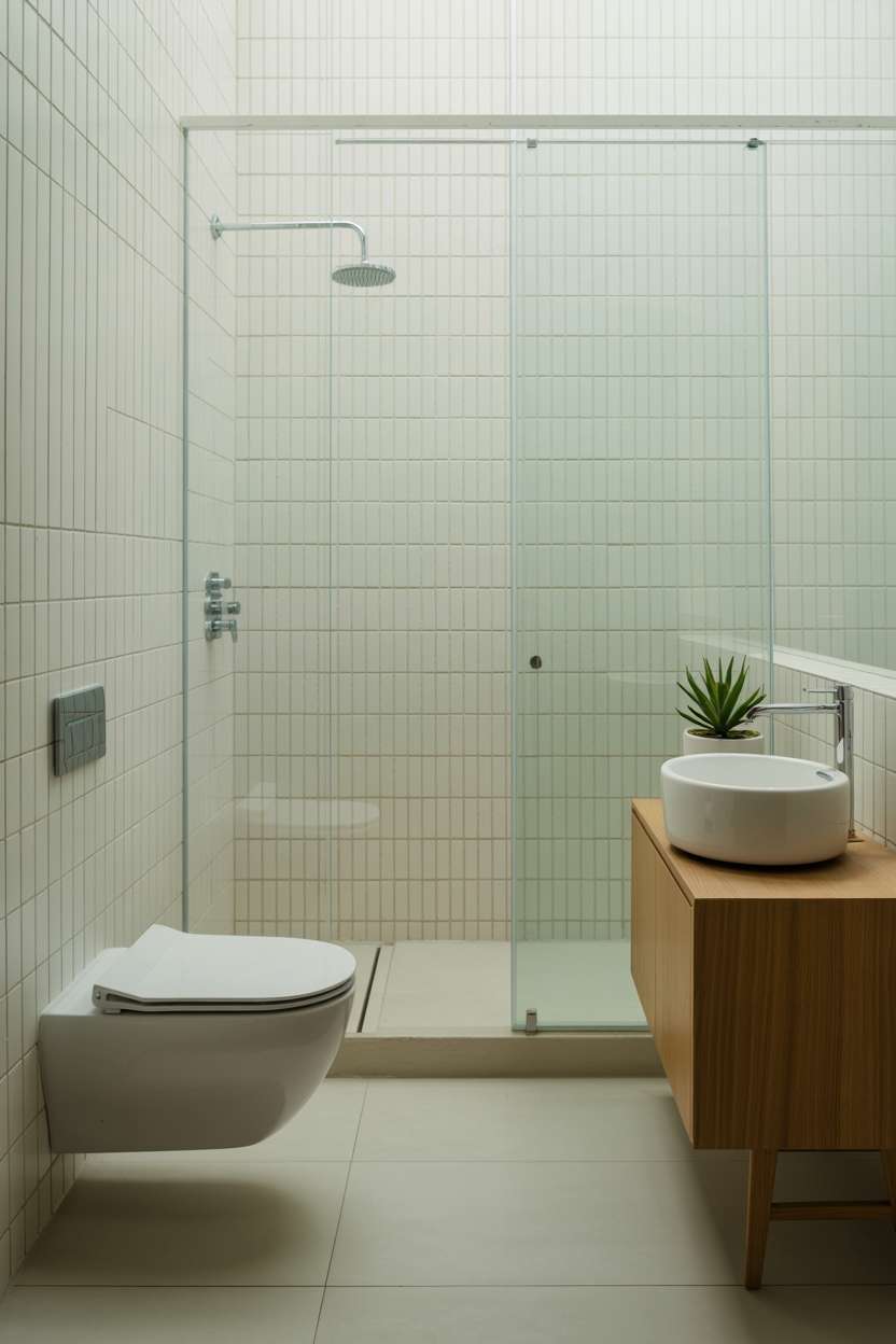Minimalist bathroom with floating white toilet, circular sink on light wood vanity, and glass-enclosed rainfall shower
