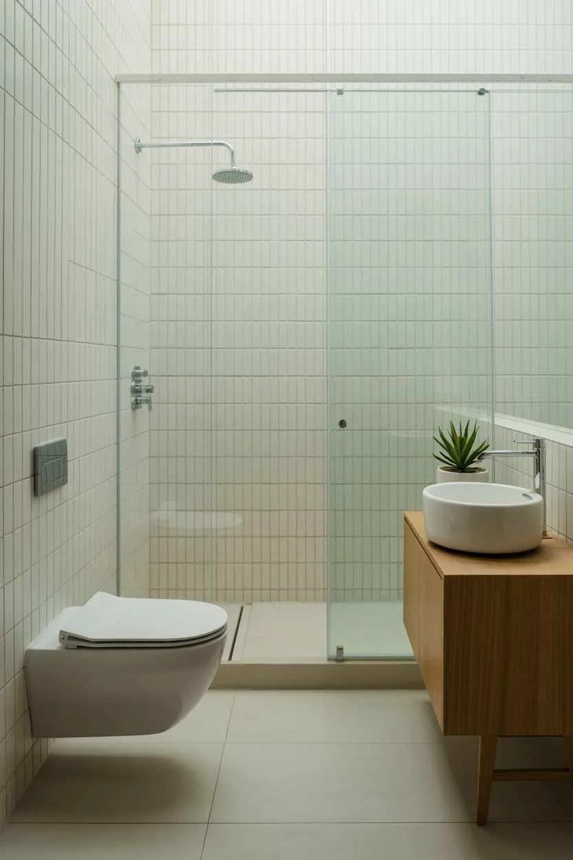 Minimalist bathroom with floating white toilet, circular sink on light wood vanity, and glass-enclosed rainfall shower