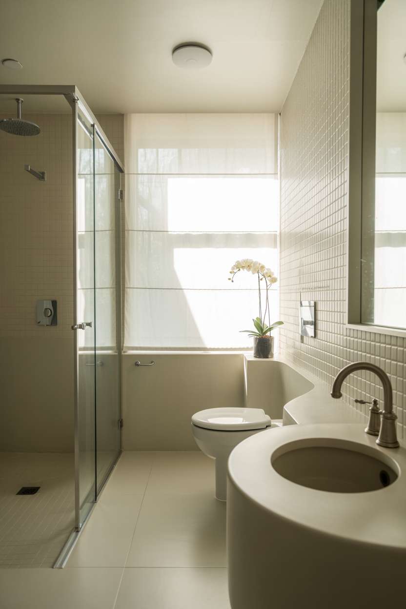 Modern minimalist half bathroom with floating toilet, round ceramic sink, and textured white tile walls