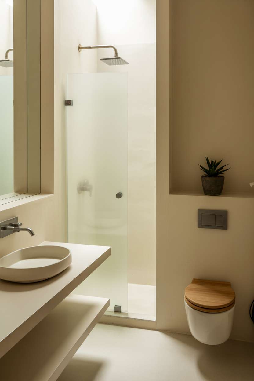 Minimalist half bathroom with white walls, floating vanity, circular sink, and wall-mounted toilet with wood seat