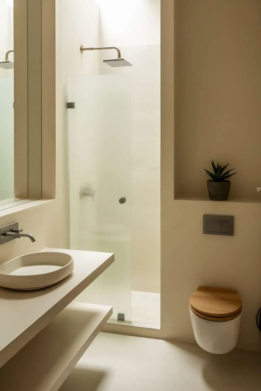 Minimalist half bathroom with white walls, floating vanity, circular sink, and wall-mounted toilet with wood seat