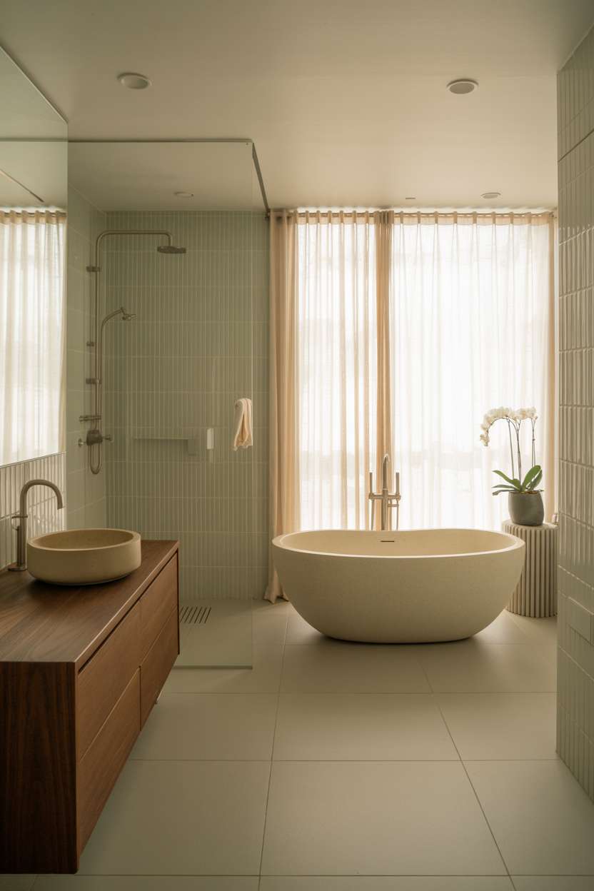 Minimalist bathroom with oval freestanding bathtub behind sheer curtain, walnut vanity, and frameless glass shower