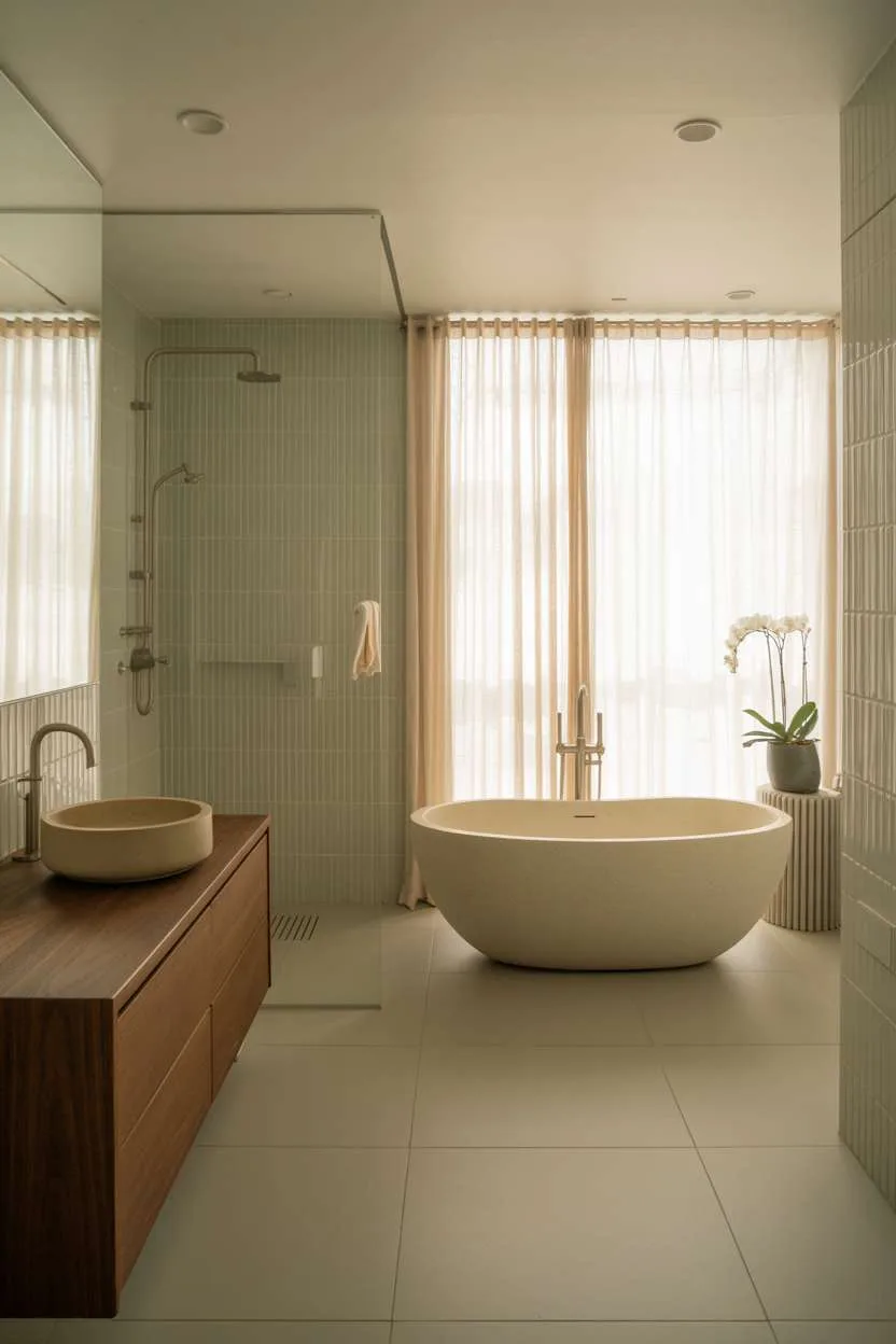 Minimalist bathroom with oval freestanding bathtub behind sheer curtain, walnut vanity, and frameless glass shower