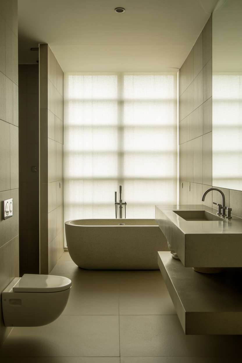 Modern minimalist bathroom with central freestanding soaking tub, concrete countertop vanity, and concealed walk-in shower