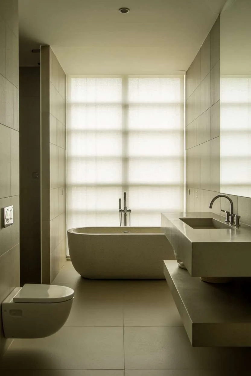 Modern minimalist bathroom with central freestanding soaking tub, concrete countertop vanity, and concealed walk-in shower