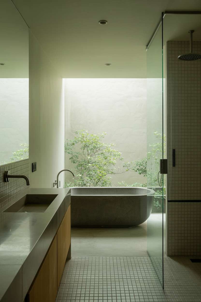 Minimalist bathroom with matte black freestanding soaking tub, concrete countertop vanity, and wooden flooring overlooking garden