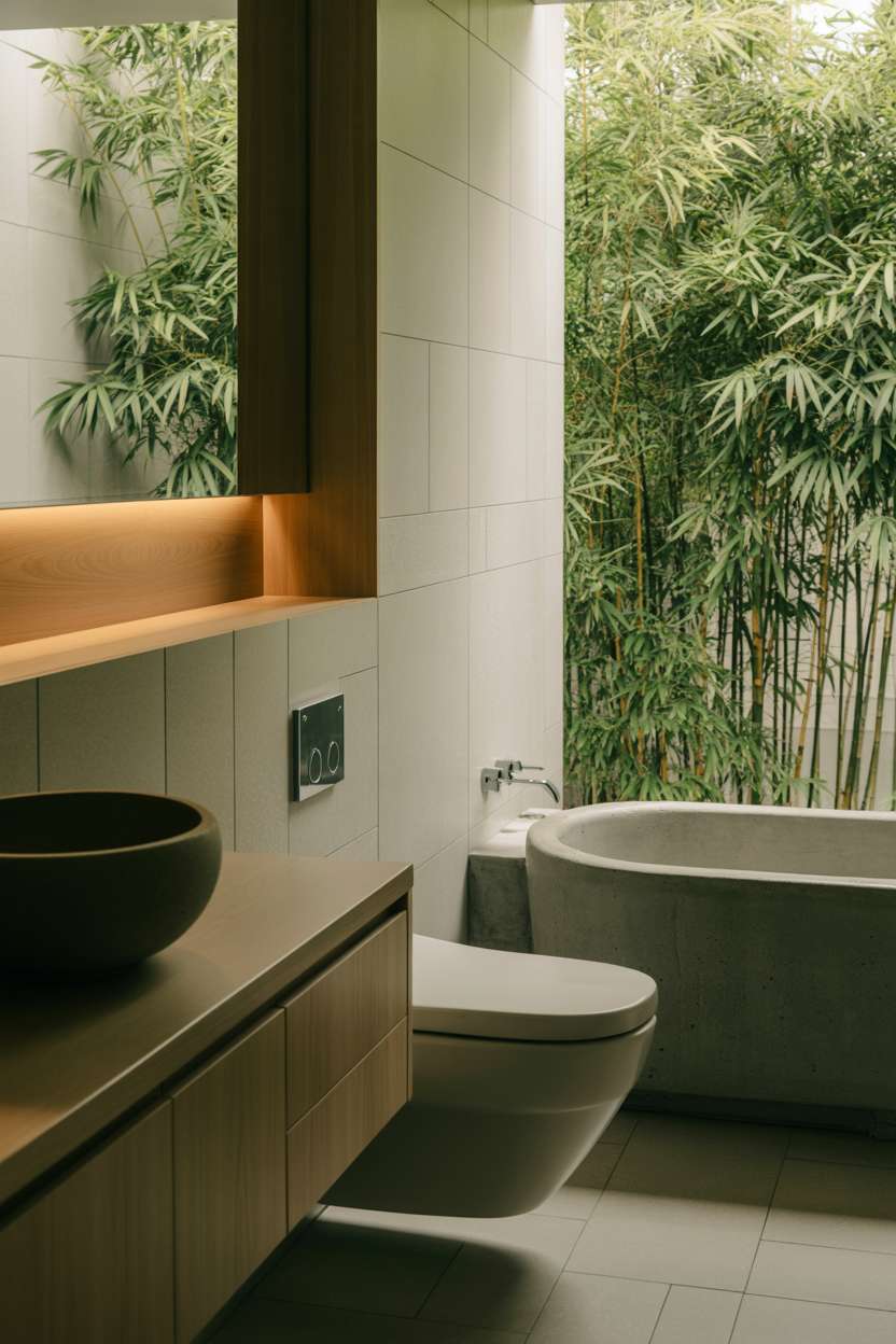Japandi-style bathroom with concrete bathtub, light wood vanity, matte black sink, and bamboo garden view