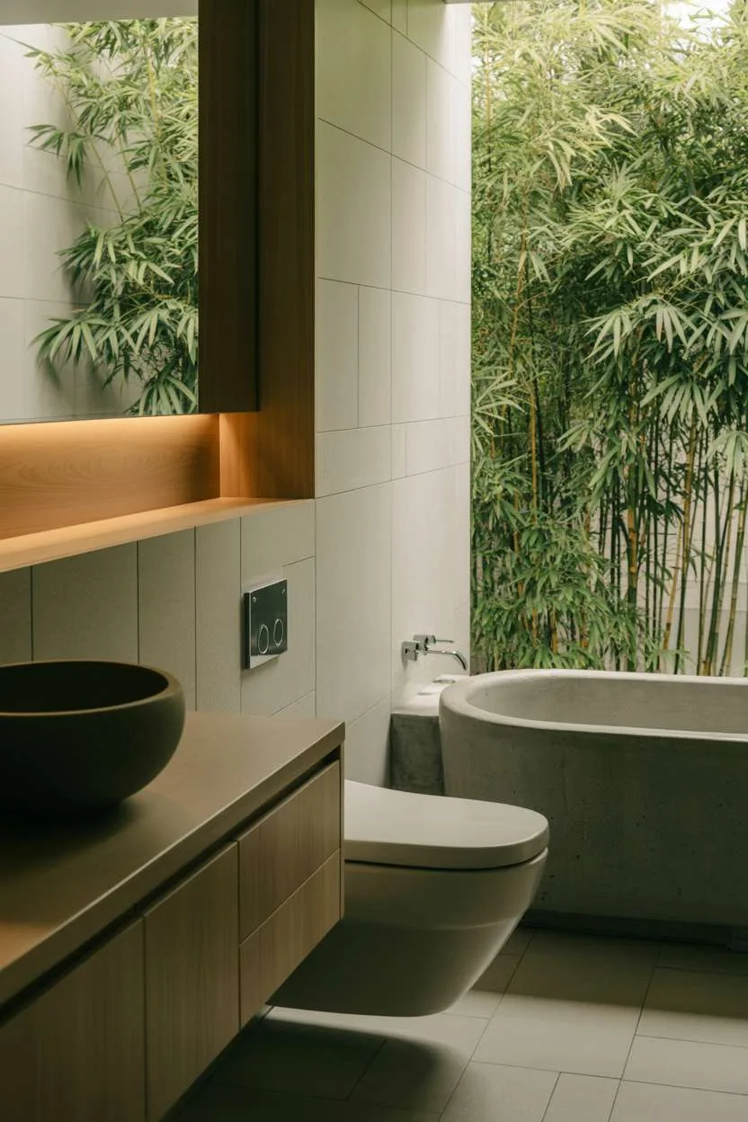 Japandi-style bathroom with concrete bathtub, light wood vanity, matte black sink, and bamboo garden view