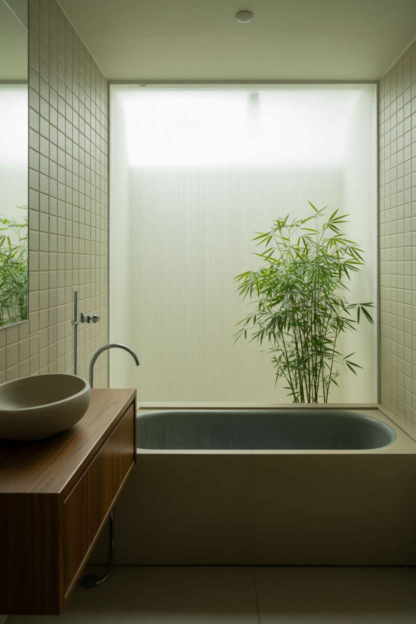 Japandi-style bathroom with rectangular matte black soaking tub, floating walnut vanity, and frosted window with bamboo plant