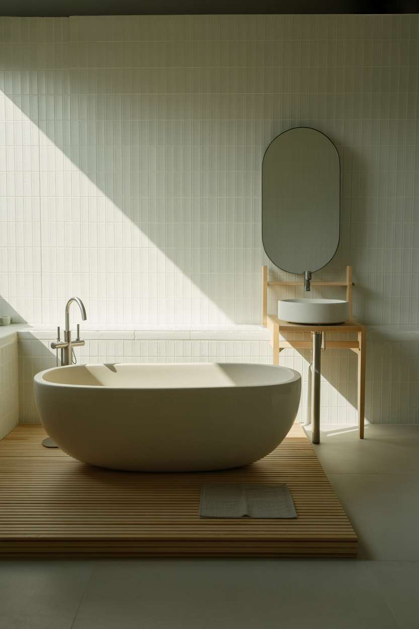 Japandi minimalist bathroom with oval bathtub on light wood platform, wall-mounted sink, and bamboo wall accents