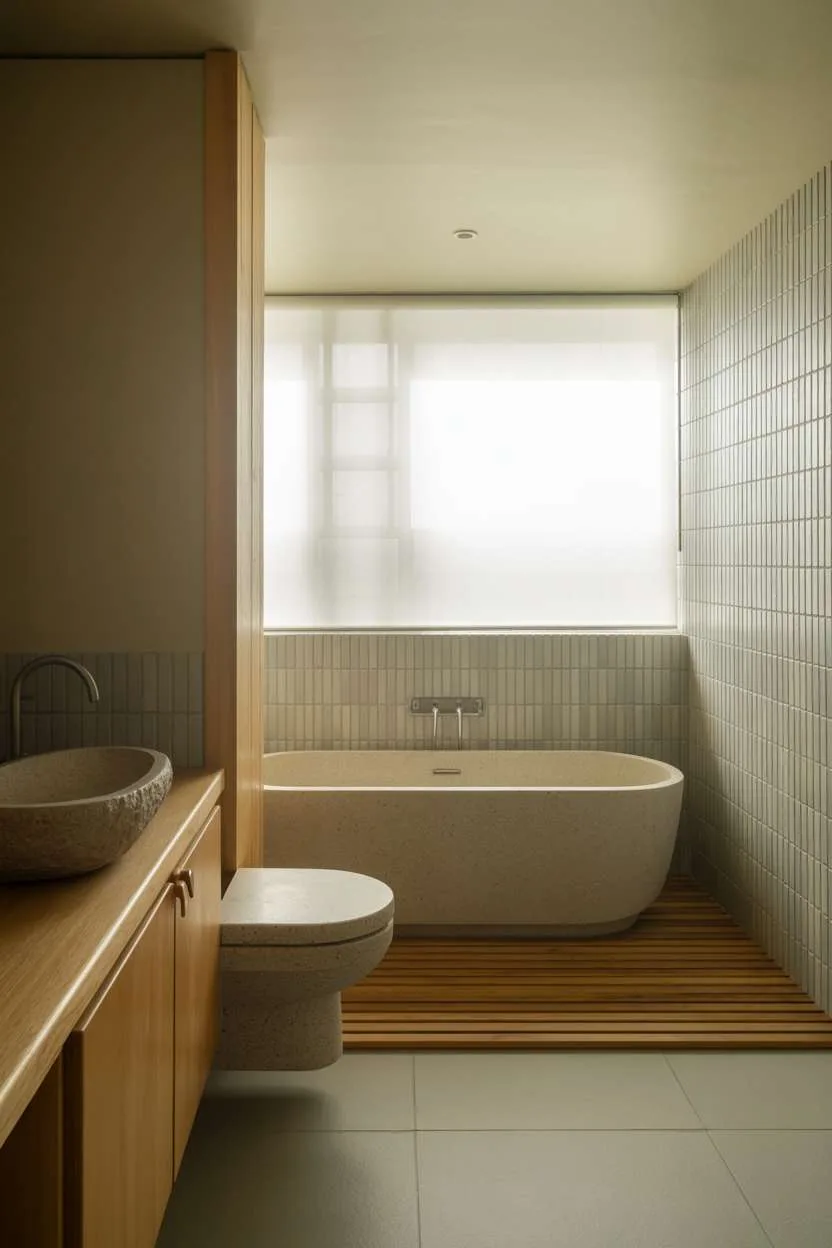 Minimalist bathroom with oval bathtub, wooden platform, natural wood vanity with stone sink, and geometric faucet