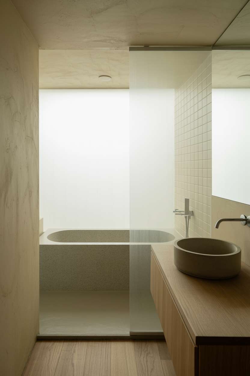 Japandi-style bathroom with grey concrete bathtub, cream textured plaster wall, floating wooden vanity, and matte black ceramic sink