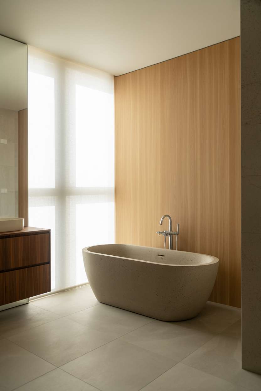 Japandi-style bathroom with oval concrete soaking tub, pale oak wood accent wall with vertical grain, and floating walnut vanity