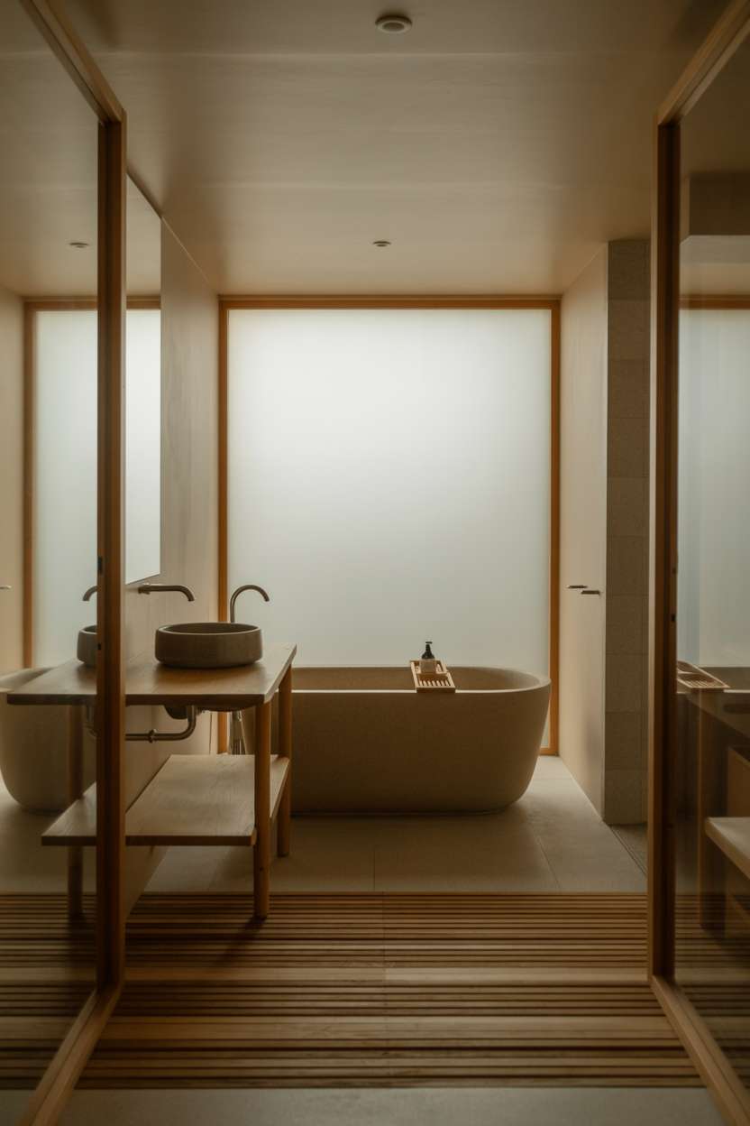 Minimalist Japandi bathroom with oval bathtub, light wood flooring, floating wooden vanity, and bamboo bath mat