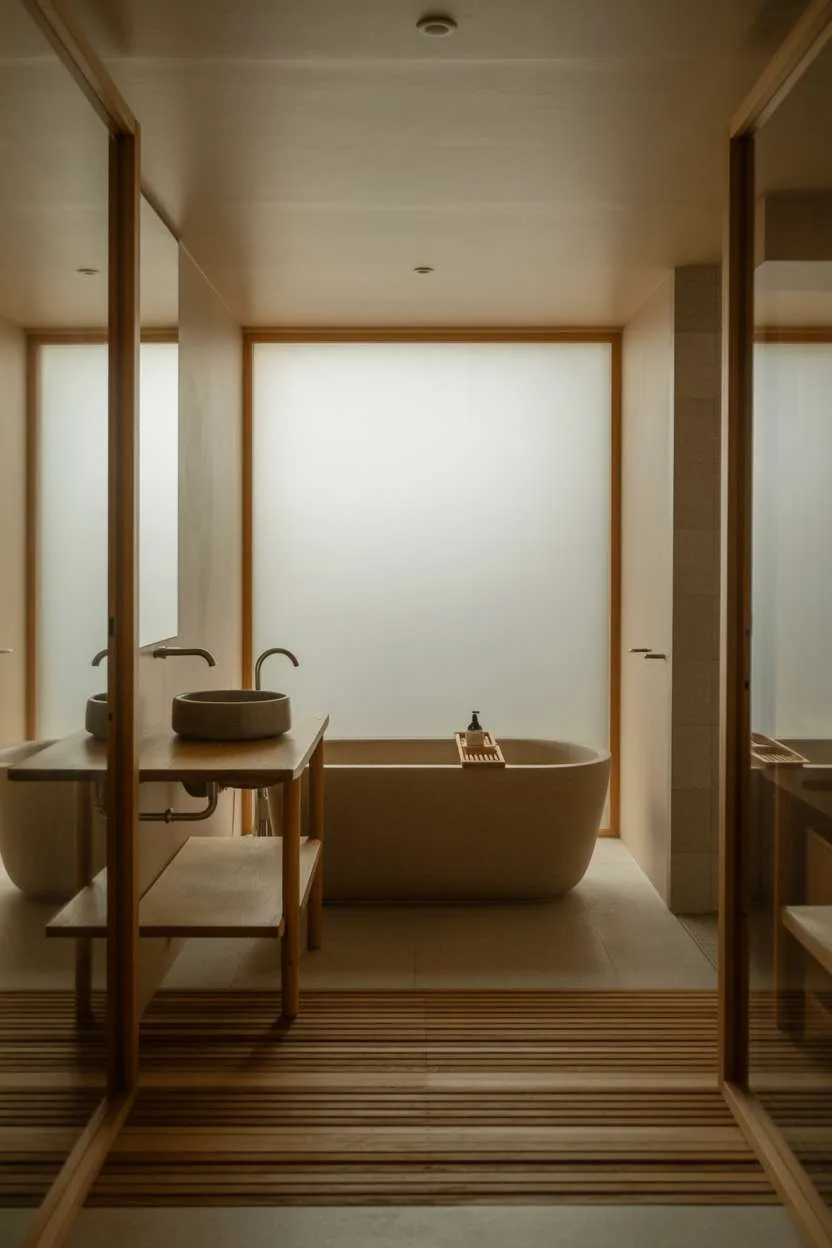Minimalist Japandi bathroom with oval bathtub, light wood flooring, floating wooden vanity, and bamboo bath mat