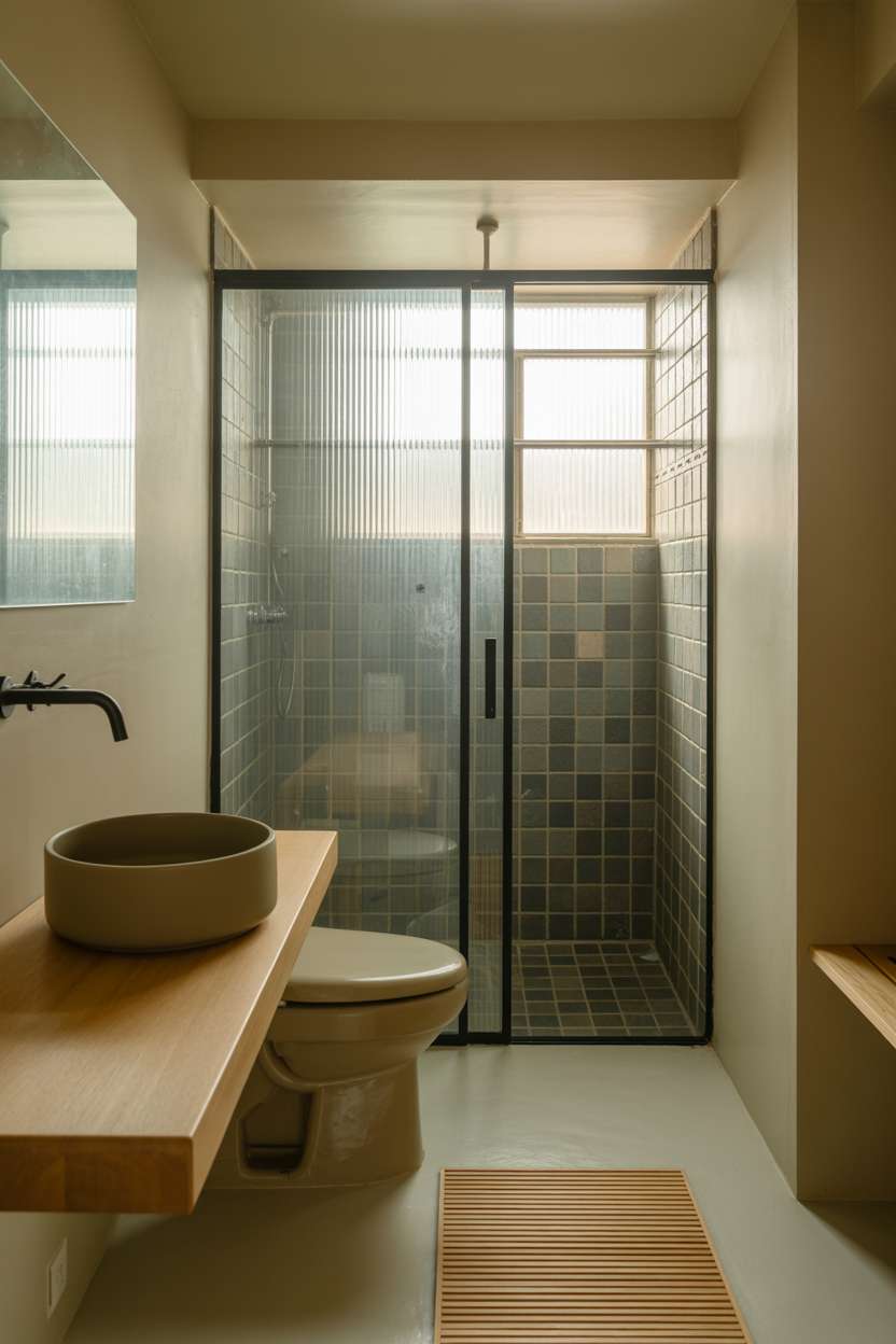 Japandi-style bathroom with off-white toilet, light wood vanity, matte black circular sink, and bamboo bath mat