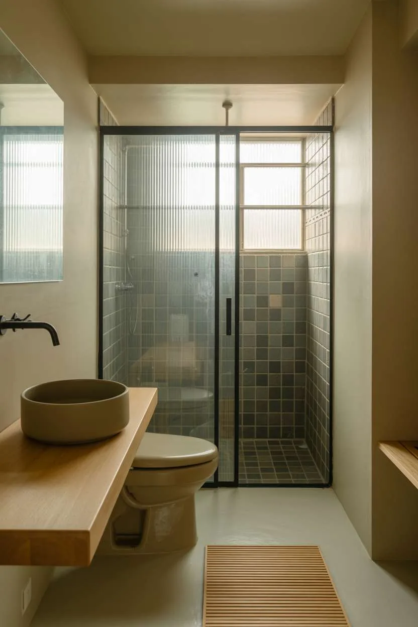 Japandi-style bathroom with off-white toilet, light wood vanity, matte black circular sink, and bamboo bath mat