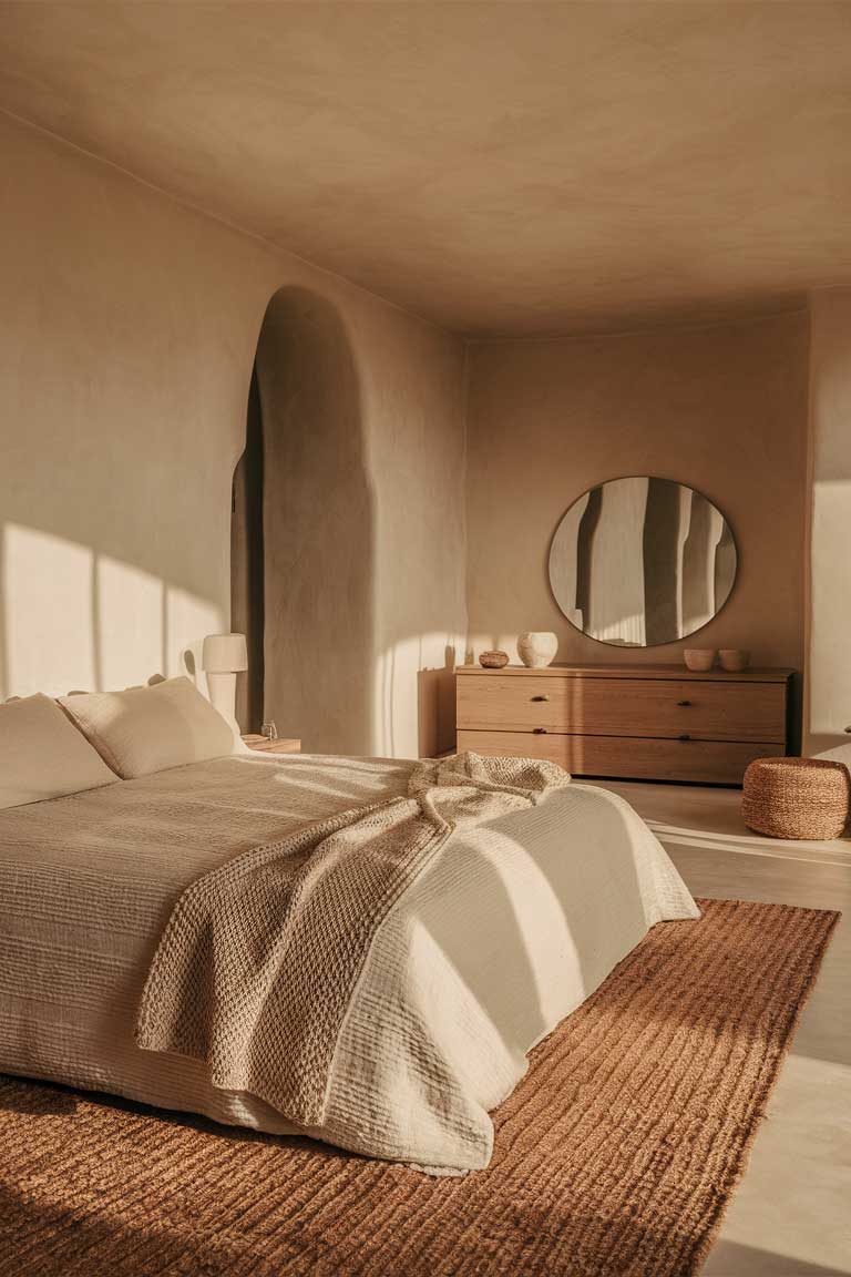  A serene minimalist bedroom that exudes a sense of tranquility, featuring natural textures and muted colors. The space is dominated by a large, comfortable bed with a textured, off-white duvet. A cozy, knitted blanket with a subtle woven pattern drapes over the foot of the bed. The walls are painted in a soft, earthy beige, and the floor is covered with a warm, natural-toned area rug. A wooden dresser with a large, round mirror and a few simple, natural-toned accessories adds a touch of rustic charm. The room is bathed in soft, diffused sunlight, casting a warm glow on the space.