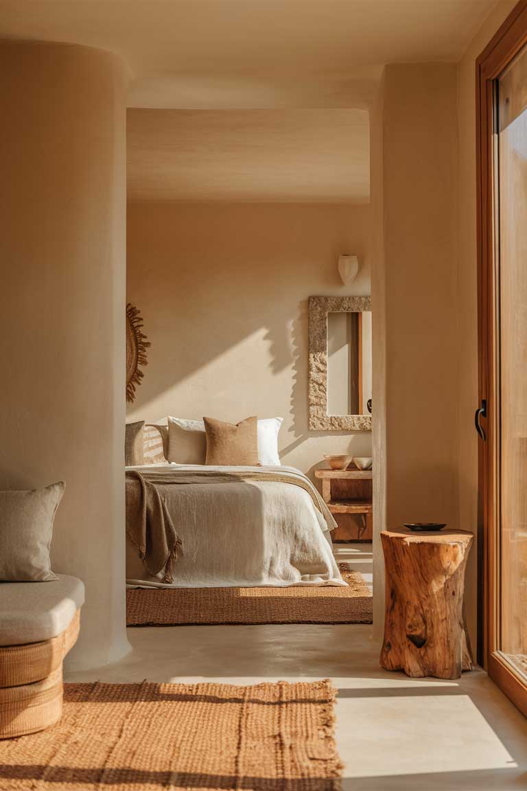 A serene photo of an elegantly minimalist bedroom, featuring warm and inviting tones. The space is adorned with natural textures, such as a soft, earthy-colored rug, a wooden nightstand, and a stone-framed mirror. The bed, dressed in crisp white linens, is centered in the room, with a few neutral throw pillows arranged neatly. The walls are a soothing shade of beige, and the room is illuminated by sunlight streaming through a large window.
