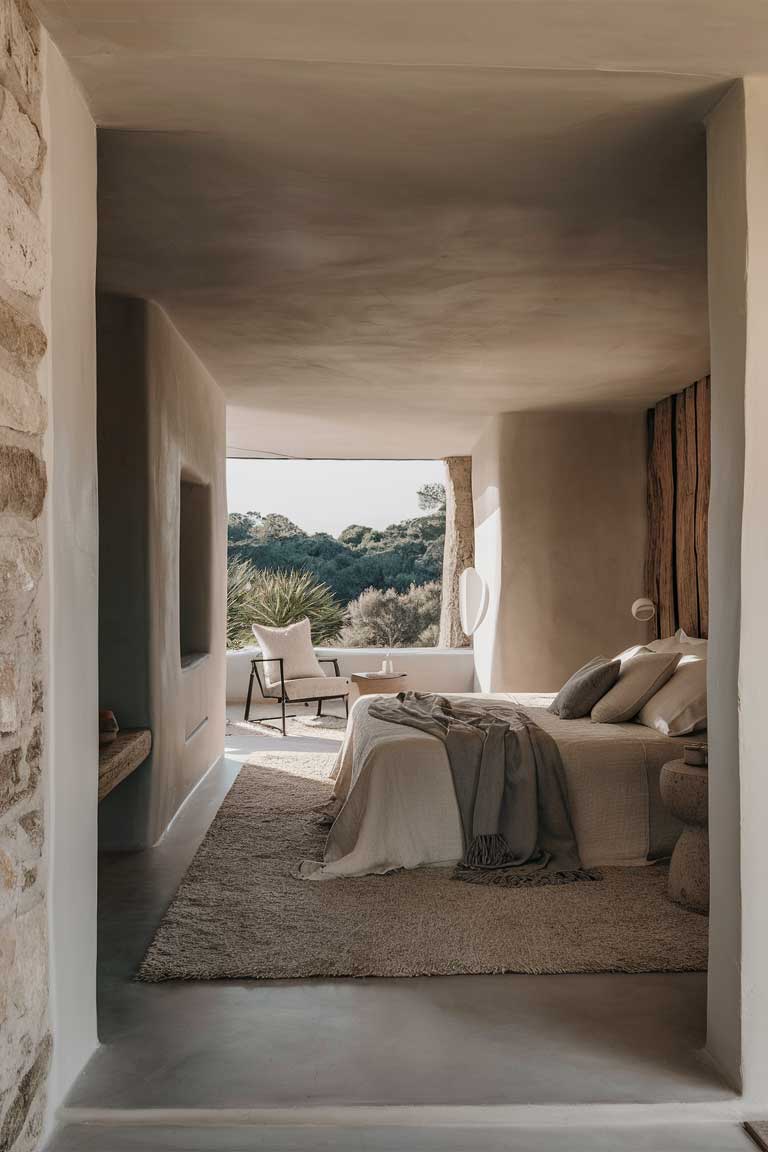 A stunning photo of an elegant minimalist bedroom that exudes a sense of calm and serenity. The room features a simple color palette of soft whites, grays, and beiges, with natural textures like wood and stone adding warmth and depth. The bed, draped in crisp linens, is adorned with a few throw pillows and sits against a rustic wooden headboard. A soft, plush rug covers the floor, while a small seating area with a minimalist chair and side table is positioned by a large window overlooking a lush, green landscape. The natural sunlight illuminates the room.