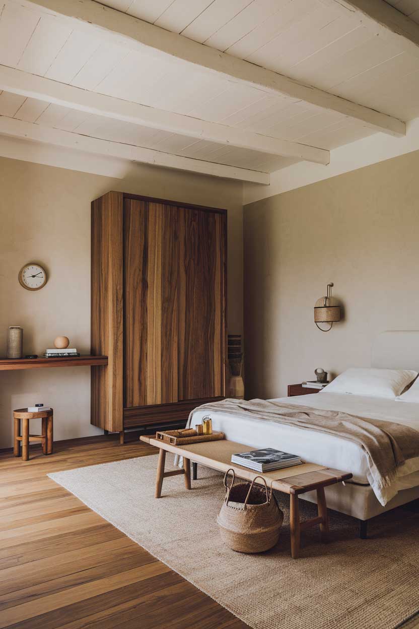 A photo of an elegant minimalist bedroom with natural textures. The room has a wooden floor, a beige wall, and a white ceiling. There is a large wooden cabinet against the wall, a wooden bench at the foot of the bed, and a woven basket near the bench. The bed has a white mattress and a beige blanket. There is a small wooden stool near the bed. The room has a few decorative items, including a wall clock, a lamp, and a few books.