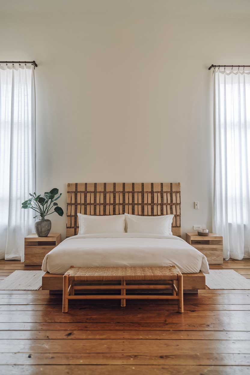 A photo of an elegant minimalist bedroom with natural textures. The room has a wooden floor and a white bed with a woven textile headboard. There is a wooden bedside table on each side of the bed. A potted plant is placed on one of the bedside tables. The walls are painted white. The room has large windows with simple white curtains