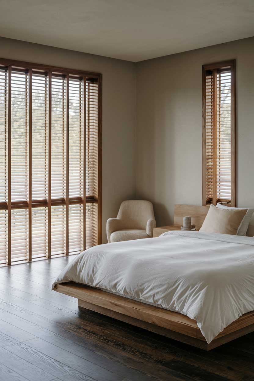 A photo of an elegant minimalist bedroom with natural textures. The room has a large window with wooden blinds. There's a queen-size bed with a white duvet and two beige pillows. The bed has a wooden frame. The floor is made of dark wood. There's a beige chair in the corner. The walls are painted in light gray.