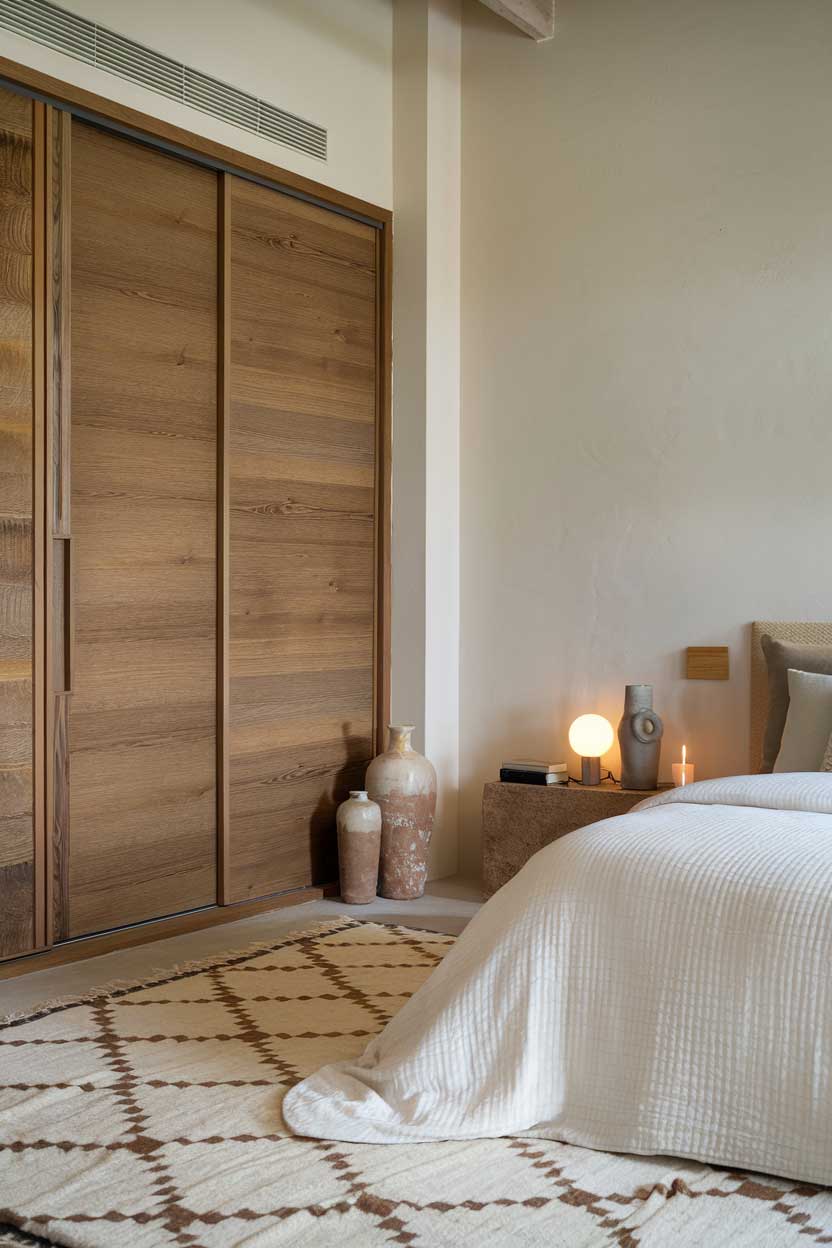 A photo of a close up of an elegant minimalist bedroom with natural textures. The room contains a bed with a white duvet and a few pillows. There is a wooden wardrobe with sliding doors and a small lamp on the floor. The walls are painted in a light color. There is a rug on the floor with a pattern of beige and brown squares. The room has a few personal items, such as a vase, a book, and a candle. The lighting is soft.