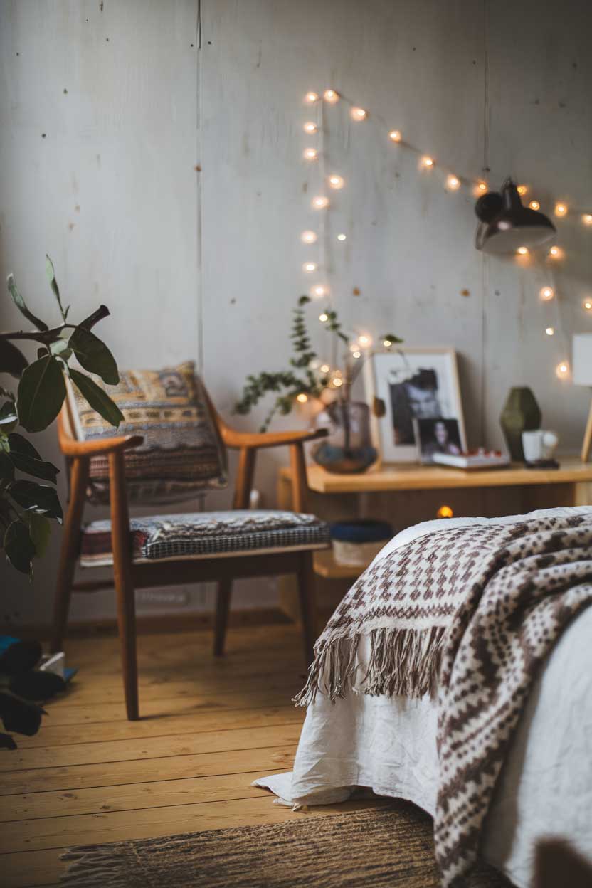 A close-up shot of a cozy minimalist bedroom with natural textures. The room has a wooden floor and a white bed with a woven blanket. There's a wooden chair with a patterned cushion next to the bed. The wall has a few nails and a string of fairy lights. The room has a few personal items, such as a plant, a photo frame, and a lamp.