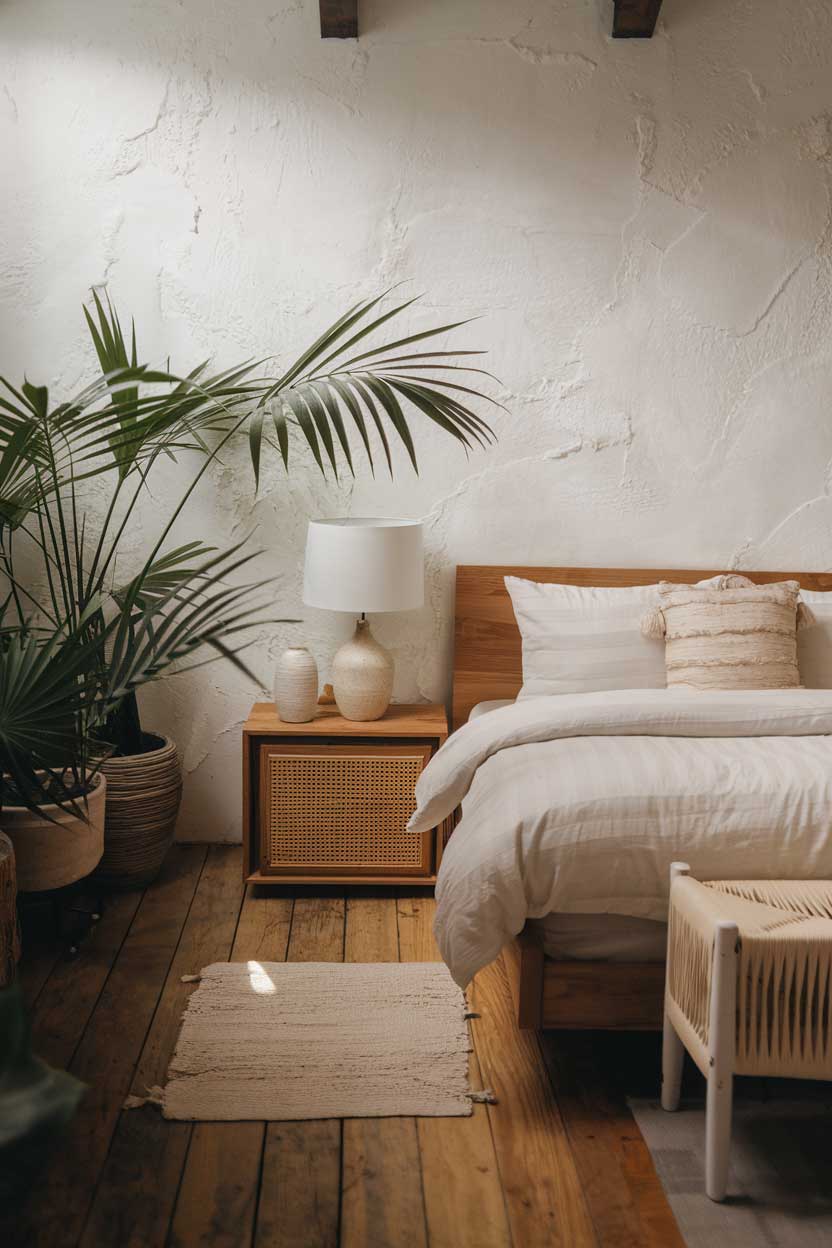 A photo of a cozy minimalist bedroom with natural textures. The room has a wooden floor and a white wall with a few pieces of furniture. There's a wooden bed with a white duvet and a few pillows. Next to the bed, there's a wooden nightstand with a lamp and a white vase. The bed has a white chair at the foot. The room has a few potted plants, adding a touch of greenery.