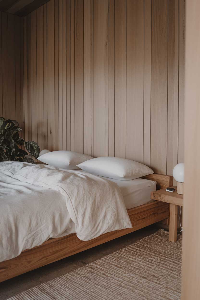 A close-up shot of a cozy minimalist bedroom with natural textures. The room has a wooden bed frame with a white duvet and two pillows. There's a small wooden nightstand beside the bed with a white lamp. The walls have wooden panels. The floor is covered with a beige rug. A potted plant is placed near the nightstand.