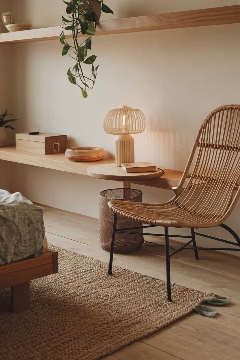 A close-up shot of a cozy minimalist bedroom with natural textures. The room has a wooden floor, a woven rug, and a rattan chair. There's a wooden shelf with a few items, including a plant and a lamp. A small table near the chair has a lamp and a book. The walls are painted white. The overall room has a warm and inviting ambiance.