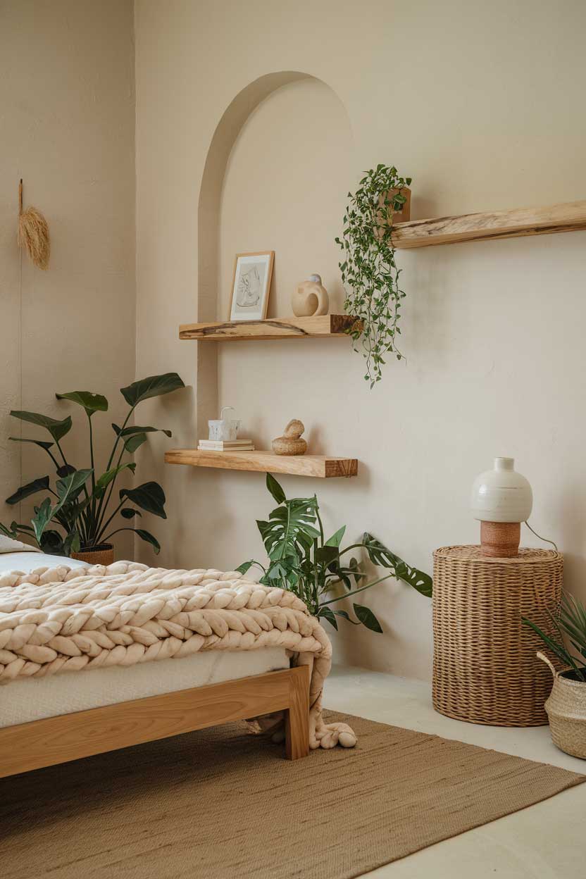 A cozy minimalist bedroom with natural textures. There's a wooden bed frame with a thick, woven blanket. A few wooden shelves hold a few items. A wicker basket and a ceramic lamp are placed on the floor. The walls are painted in a soft beige colour. The floor is covered with a beige rug. The room has a few potted plants, adding to the natural textures.