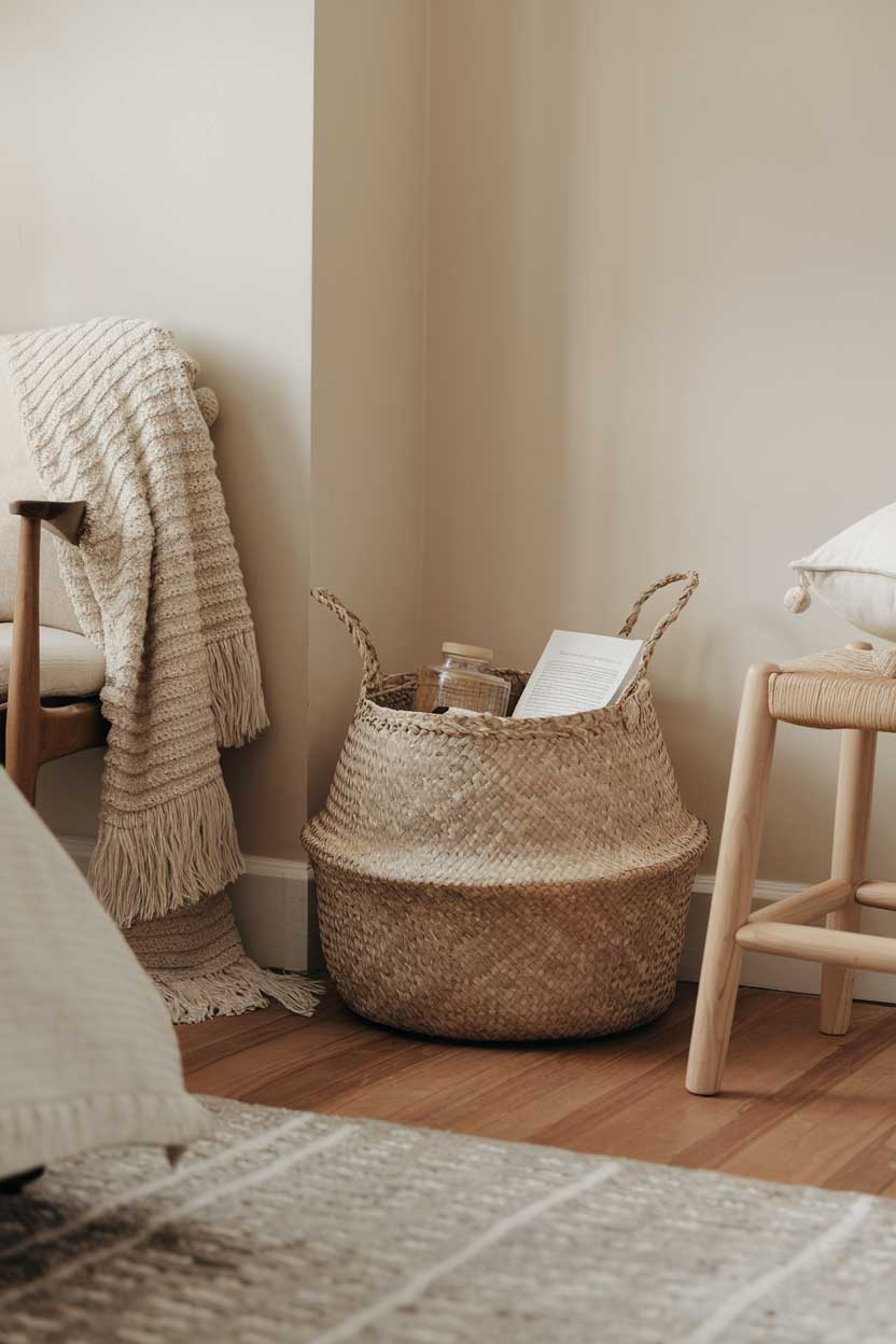 A photo of a close-up shot of a cozy minimalist bedroom with natural textures. There is a woven basket placed on the floor, containing a few items. There is a wooden stool with a cushion next to the basket. A soft, knitted throw blanket is draped over the back of a chair. The walls are painted in a soft beige color. The floor is made of hardwood.