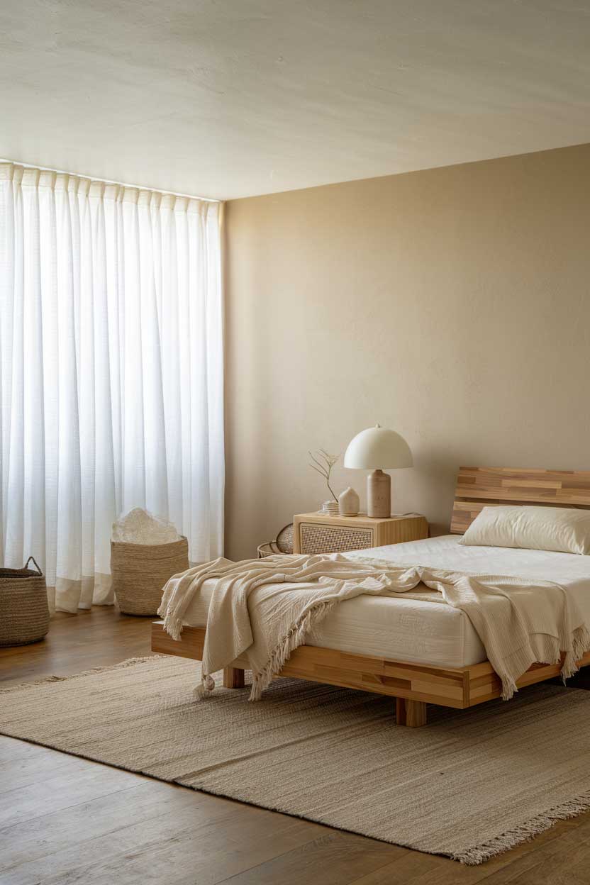 A photo of a cozy minimalist bedroom with natural textures. The room has a wooden floor, a beige wall, and a white ceiling. There is a wooden bed with a white mattress. The bed has a beige blanket and a white pillow. There is a beige rug underneath the bed. The room has a wooden nightstand next to the bed, holding a white lamp and a beige decorative item. A white curtain covers the window. The room has a few personal items, such as a beige basket and a white chair.