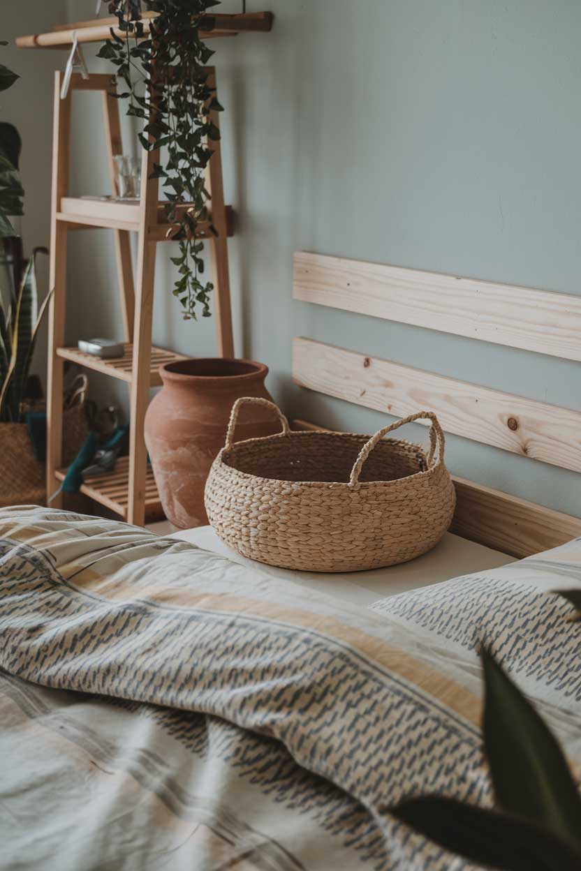 A close up shot of a cozy minimalist bedroom with a plank wood headboard, a woven basket, and a terra cotta pot. There is a duvet cover with a textured pattern in beige and grey. The walls have a light blue hue. There is a wooden rack with a few items. The room has a few plants.