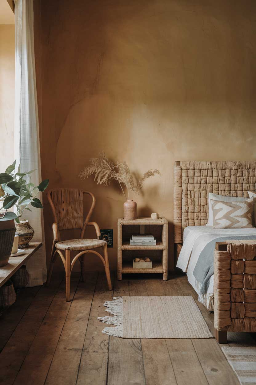 A photo of a cozy minimalist bedroom with natural textures. The room has a wooden floor and a few pieces of furniture, including a bed, a nightstand, and a chair. The bed has a woven fabric headboard. The nightstand and chair have a rustic design. There's a plant near the window. The walls are painted in a warm hue.