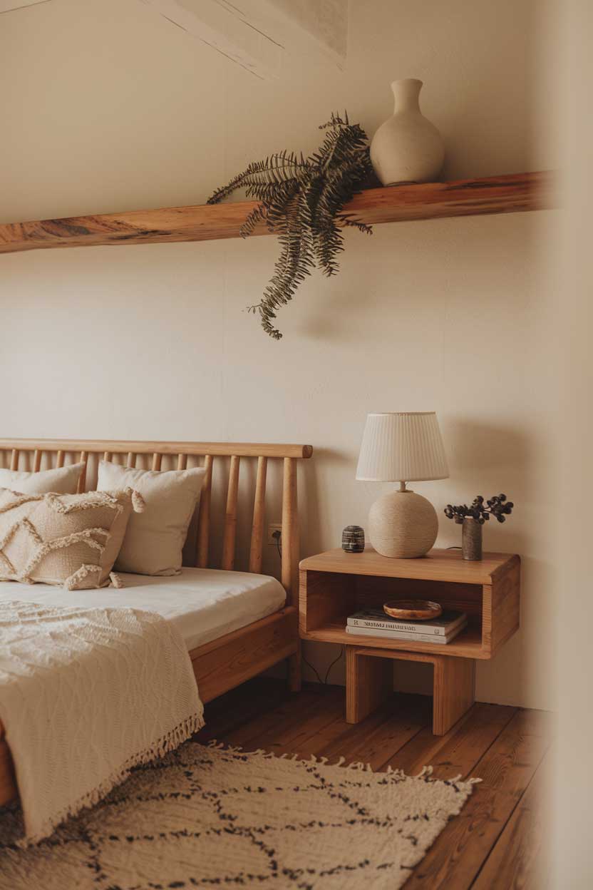 A close up shot of a cozy minimalist bedroom with natural textures. The room has a wooden floor and a few furniture items. There's a wooden bed frame with a white duvet cover and a few pillows. Next to the bed, there's a wooden nightstand with a white lamp and a few decorative items. On the wall, there's a wooden shelf with a white vase and some greenery. The room has a white area rug. The lighting is warm.