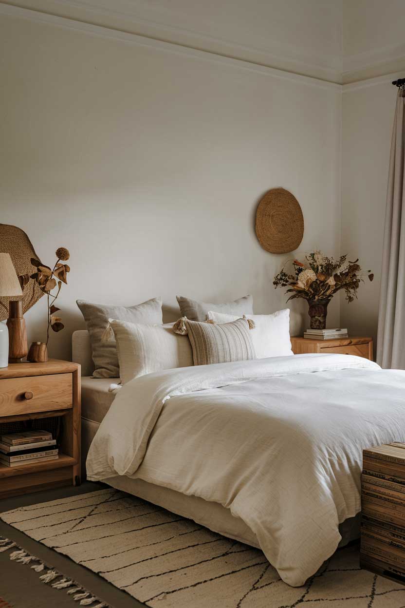 A photo of a cozy and elegant minimalist bedroom with a few pieces of furniture and natural textures. The room has a king-size bed with a white duvet and a few pillows. There is a wooden bedside table on each side of the bed. On one side, there is a lamp and a vase with dried flowers. On the other side, there is a stack of books. The walls are painted white, and there is a rug on the floor.