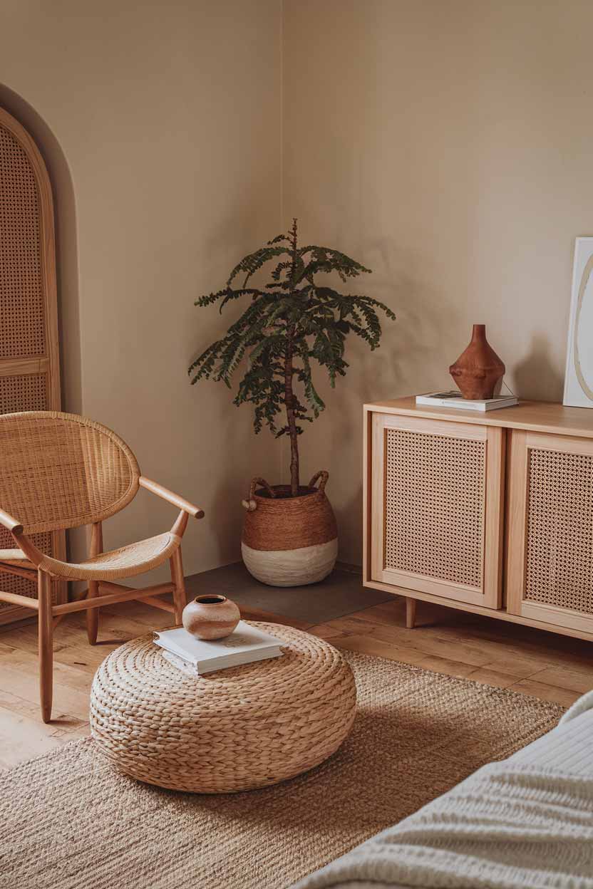  A close-up shot of a cozy and elegant minimalist bedroom with natural textures. The room has a wooden floor, a woven rug, a wooden cabinet, and a wicker chair. There is a potted plant in the corner. The walls are painted in a soft beige color. The room has a few personal items, such as a book and a vase.